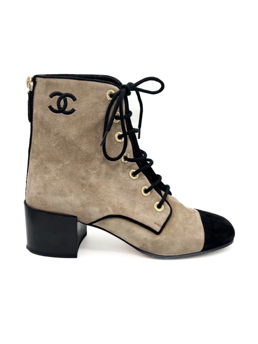 Chanel Interlocking CC Logo Beige Black Suede Lace Up Cap Toe Boots 37.5C
